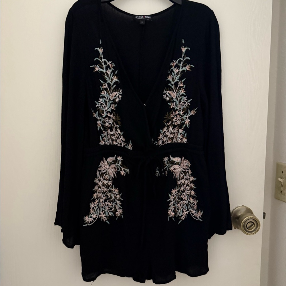 Fashion Nova Black Floral Embroidered Jumpsuit